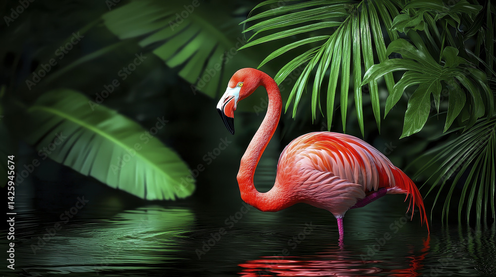 Fototapeta premium vibrant flamingo wading gracefully in serene lake surrounded by lush green foliage, creating tranquil atmosphere