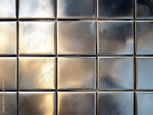 Polished metal square tiles wall, reflecting light, urban setting