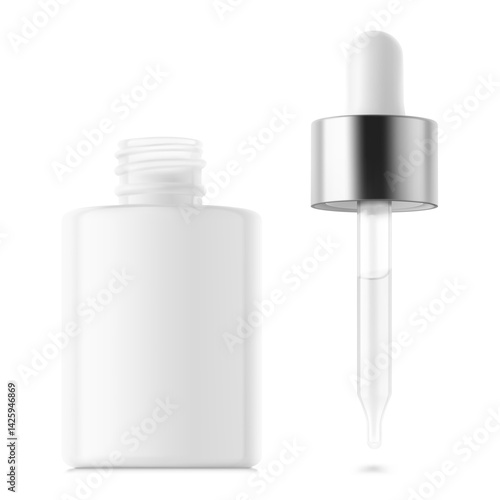 Open dropper bottle with pipette mockup. Vector illustration isolated on white background. Front view. Сan be used for cosmetic, medical and other needs. EPS10.