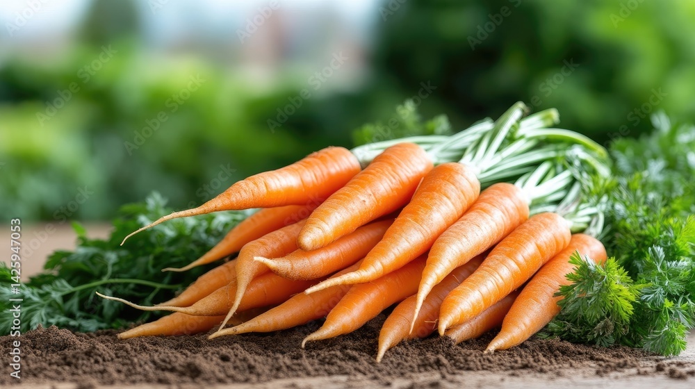 Fresh carrots with vibrant green tops, nestled in soil Fresh carrots with vibrant green tops, nestled in soil