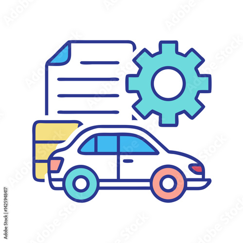 Car with Settings and Document Icon Representing Auto Policy and Customization