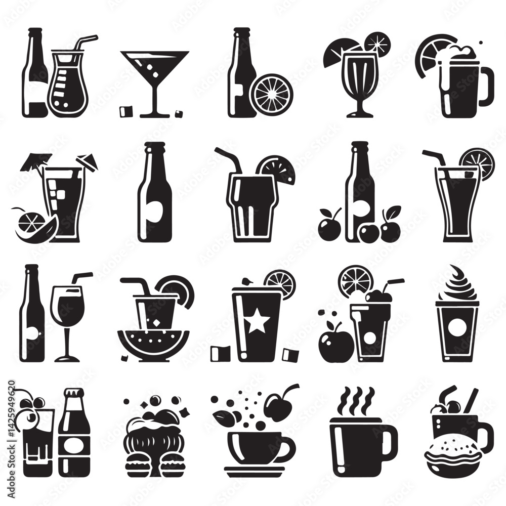 Drinks and Beverages Icon Set – Black Silhouette Vector Collection on White Background
Drinks and Beverages Icon Set – Black Silhouette Vector Collection on White Background
