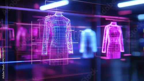 futuristic display of AI driven fashion designs showcases glowing holographic dresses vibrant colors, creating captivating