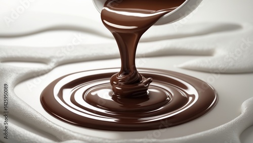 Flowing hot melted chocolate with syrup and cream on a white background