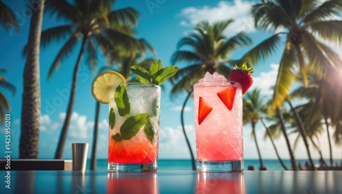 Fototapeta Naklejka Na Ścianę i Meble -  Sunlit sky backdrop with a cocktail at a bar and tropical palms, poster with copy space