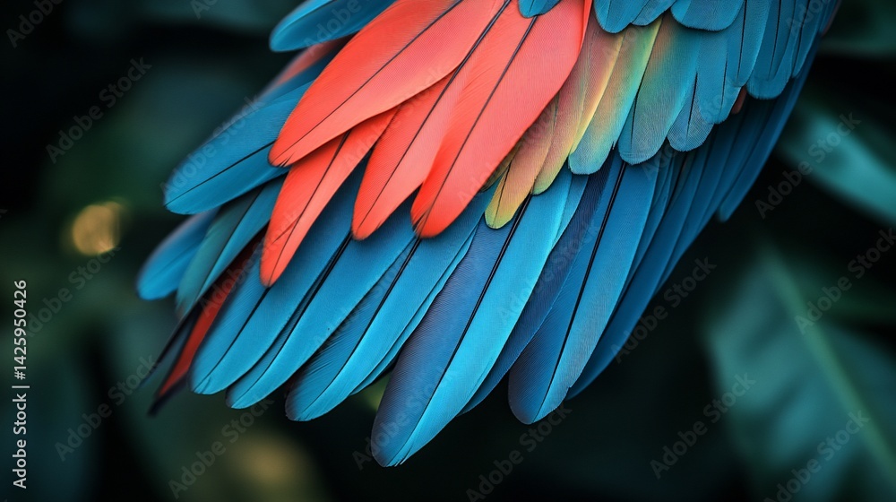Obraz premium Vibrant Macaw Tail Feathers Close-up, Tropical Foliage
