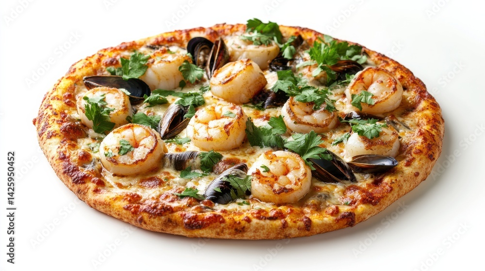 Seafood Pizza with Scallops, Mussels, and Shrimp on Ultraviolet Background Seafood Pizza with Scallops, Mussels, and Shrimp on Ultraviolet Background