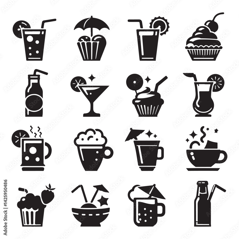Drinks and Beverages Icon Set – Black Silhouette Vector Collection on White Background
Drinks and Beverages Icon Set – Black Silhouette Vector Collection on White Background