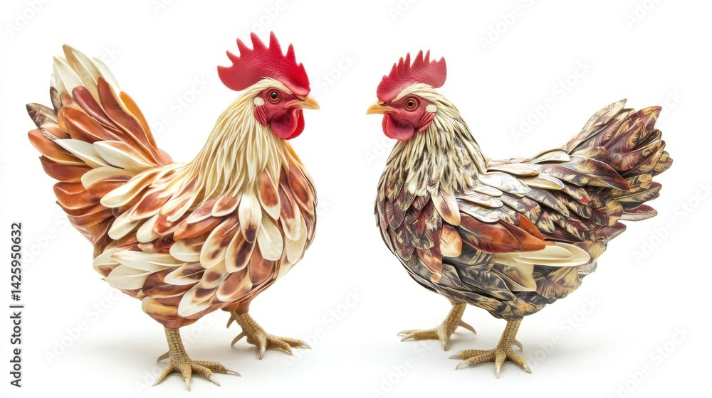 Fototapeta premium Two decorative rooster and hen figurines, meticulously crafted with intricate feather detailing