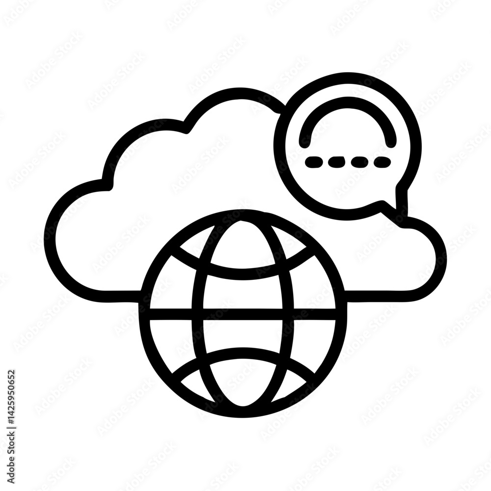 Cloud with Globe and Chat Icon Representing Global Communication and Cloud Collaboration Cloud with Globe and Chat Icon Representing Global Communication and Cloud Collaboration