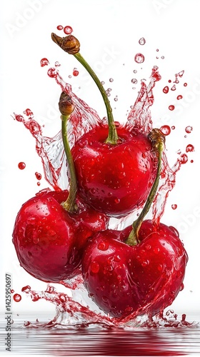 Obraz na płótnie Four ripe red cherries with stems are captured mid-air as they splash into water, with droplets and reflections on a white background. w salonie