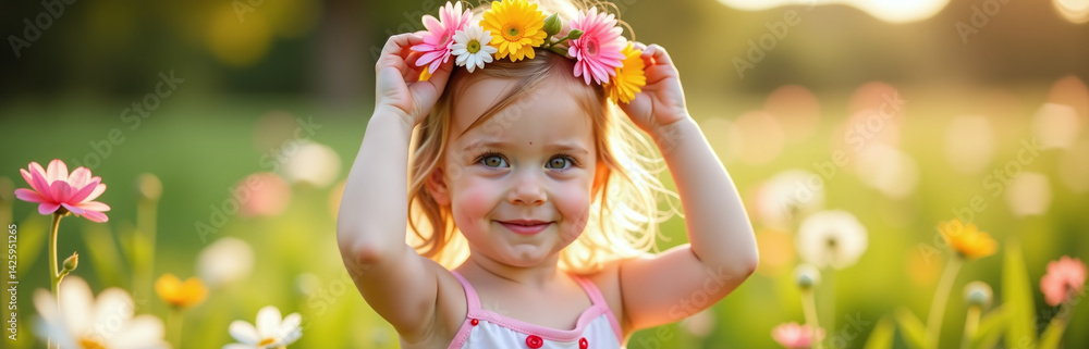 Bambina Che Fa Una Corona Di Fiori In Un Prato