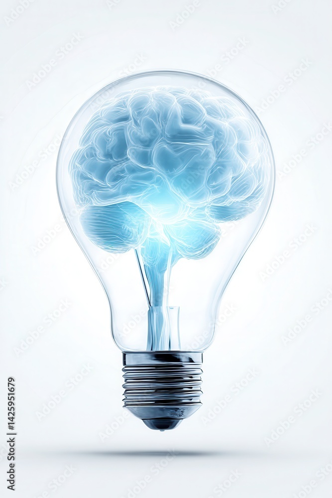 A realistic digital illustration shows a human brain glowing inside a transparent glass light bulb on a white background.