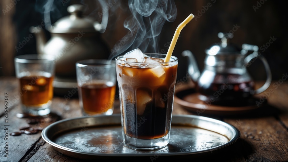 Fototapeta premium Chilled Black Coffee in a Glass with a Coffee Background
