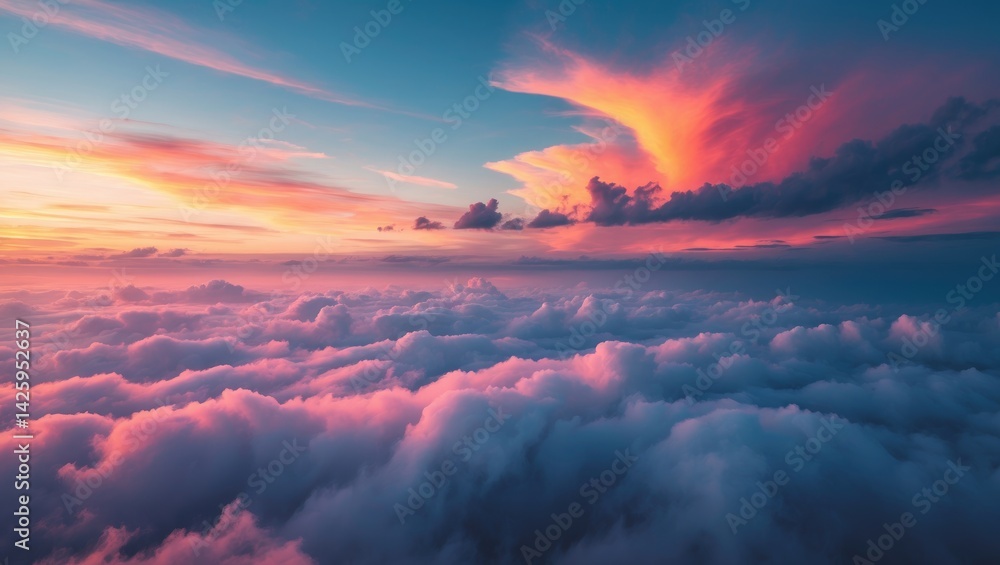 Evening dusk with sunset sky, vibrant clouds, and dramatic storm formations on a twilight horizon landscape Evening dusk with sunset sky, vibrant clouds, and dramatic storm formations on a twilight horizon landscape