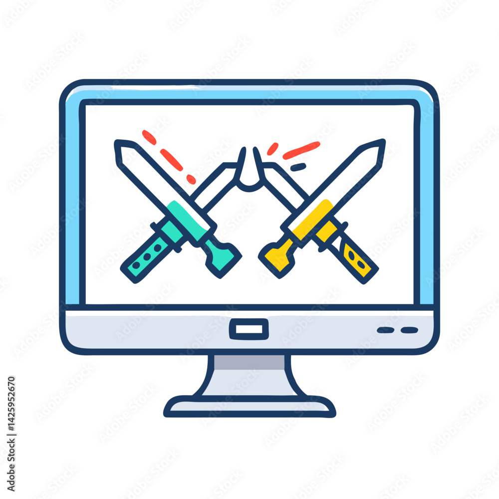 Desktop Monitor with Weapons Representing Cyber Attack and Digital Threat Desktop Monitor with Weapons Representing Cyber Attack and Digital Threat