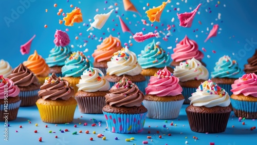 Wallpaper Mural Party-Ready Delicious Cupcakes Featuring Cream Topping Against a Vibrant Background Torontodigital.ca