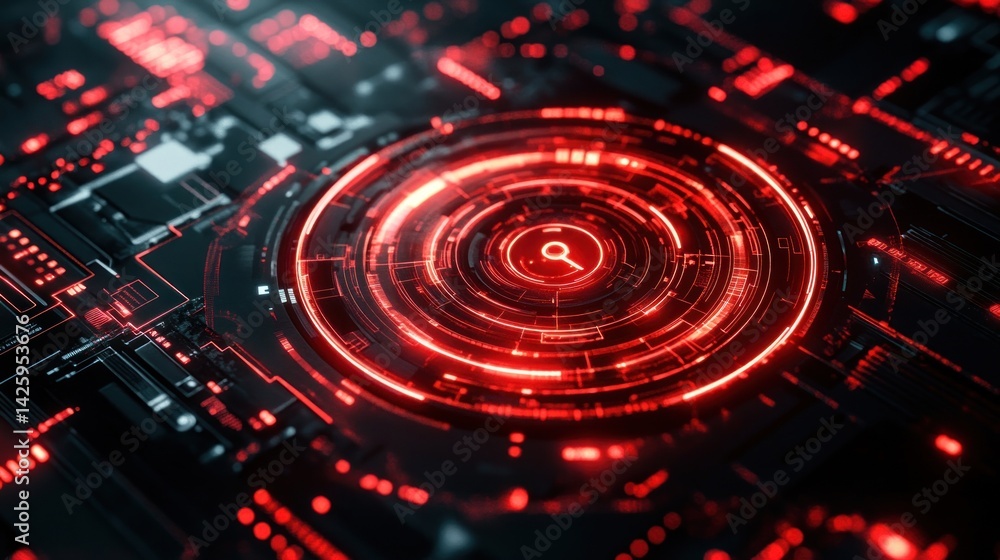 Digital circuit board with glowing red circular interface Digital circuit board with glowing red circular interface