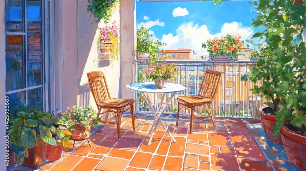 Fototapeta premium Balcony Bliss Sunny Table with Flowers