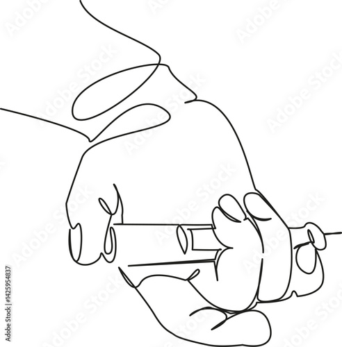 One continuous single drawing line art flat doodle syringe, medicine, hand, diabetes, injection, pen. Isolated image hand draw contour on a white background, hand drawn, not AI