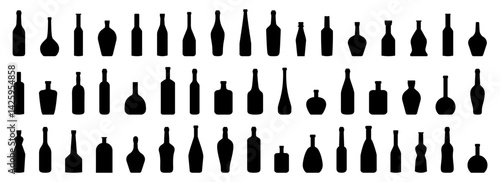 Set of alcohol bottle silhouette icon. Black alcohol bottle collection