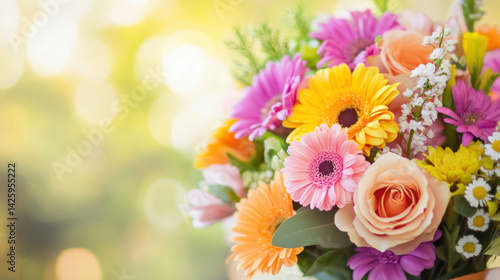 vibrant bouquet of mixed flowers featuring gerbera daisies, roses, and various colorful blooms, creating cheerful and uplifting atmosphere. soft focus background enhances beauty of arrangement