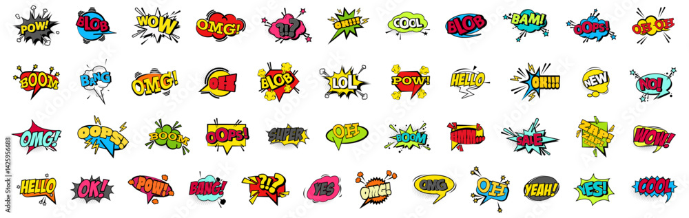 Fototapeta premium Comics speech bubble collection with halftone. Set of cartoon comics bubble elements