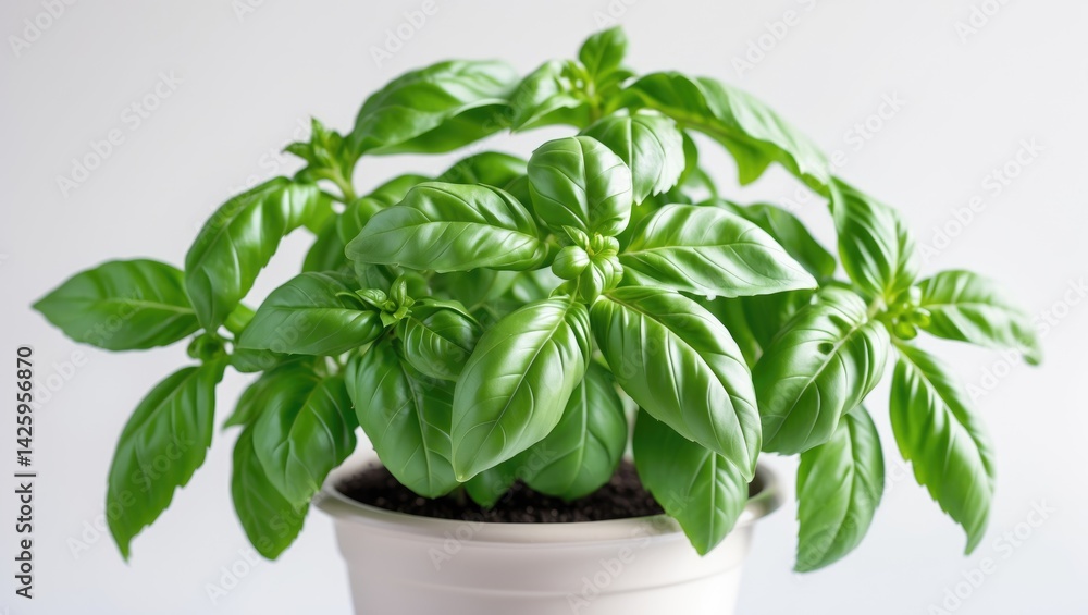 Close-up of sweet basil herb in a small pot. Close-up of sweet basil herb in a small pot.
