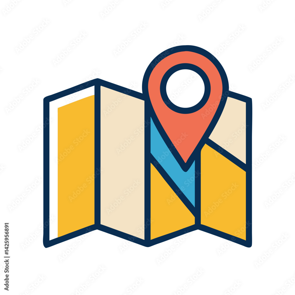 Folded Map with Pin Representing Location and Navigation Folded Map with Pin Representing Location and Navigation