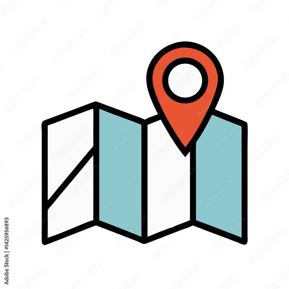 Folded Map with Pin Representing Location and Navigation Folded Map with Pin Representing Location and Navigation