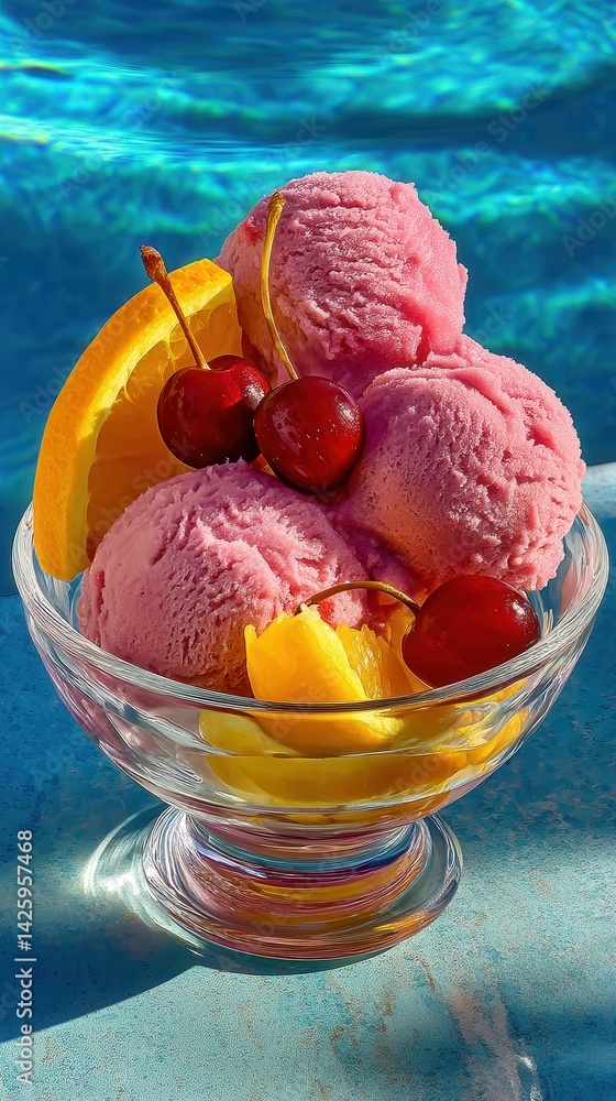 A glass dessert bowl filled with pink cherry ice cream scoops, cherries, and orange slices sits poolside in bright daylight.