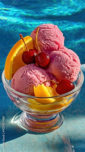 Obraz na płótnie A glass dessert bowl filled with pink cherry ice cream scoops, cherries, and orange slices sits poolside in bright daylight. w salonie