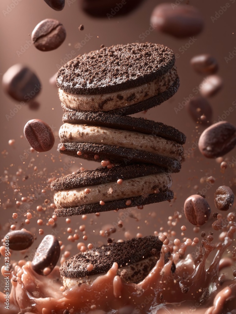 Floating chocolate sandwich cookies surrounded by coffee beans and splashes of chocolate, creating a dynamic dessert scene Floating chocolate sandwich cookies surrounded by coffee beans and splashes of chocolate, creating a dynamic dessert scene