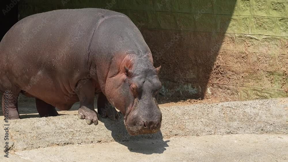 Hippopotamus animal getting into water at zoo. Handheld Hippopotamus animal getting into water at zoo. Handheld