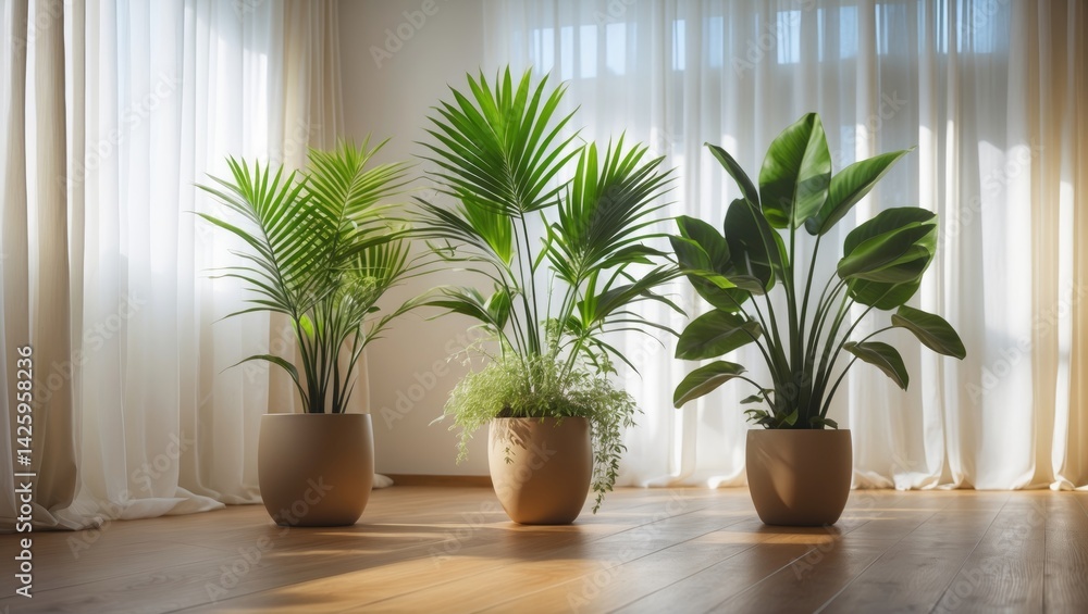 Fototapeta premium Various beautiful indoor plants on the floor in a room for house decoration