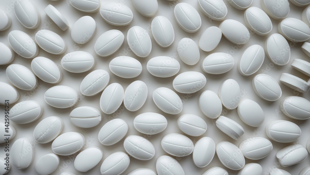 Heap of white tablets against a white backdrop Heap of white tablets against a white backdrop