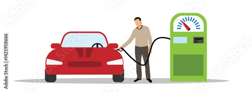 Man Fueling His Car Flat Style. Vehicles and means of transportation vector art