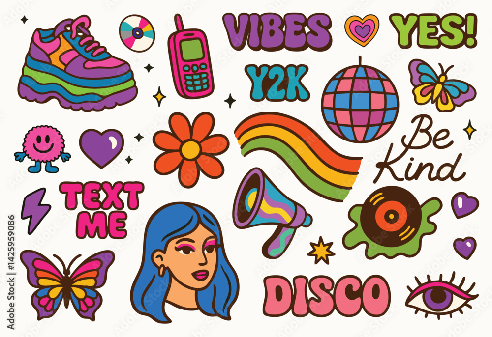 A Y2K‑disco mash‑up of vector stickers featuring chunky platform sneakers, flip phones, rainbow waves, disco balls, a “Text Me” slogan and a friendly “Be Kind” reminder.