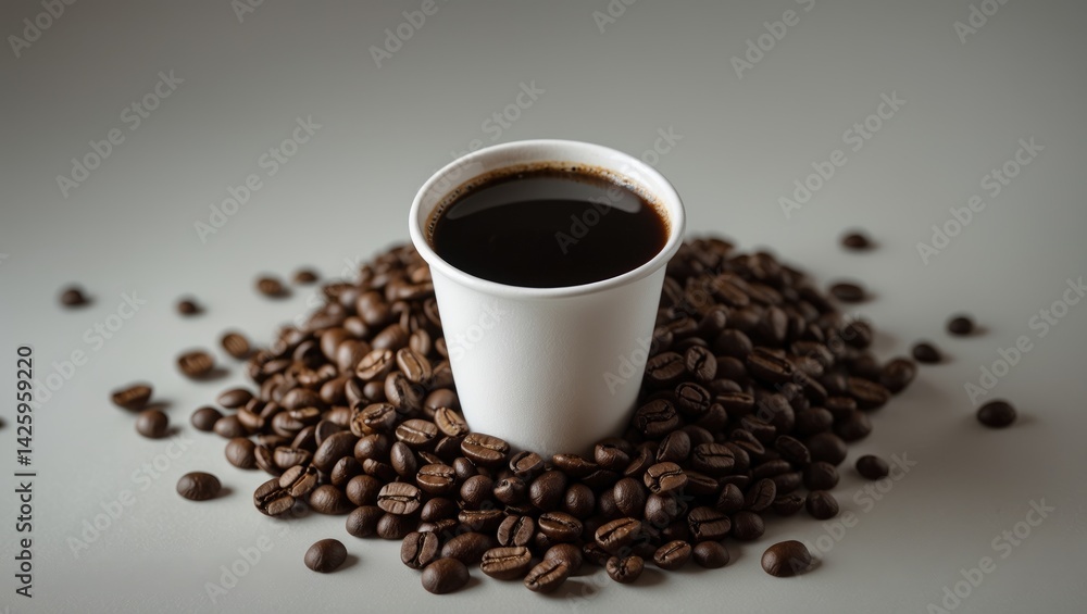 A white paper cup rests on a bed of aromatic coffee beans, highlighting convenience and coffee culture for take-out drinks. A white paper cup rests on a bed of aromatic coffee beans, highlighting convenience and coffee culture for take-out drinks.