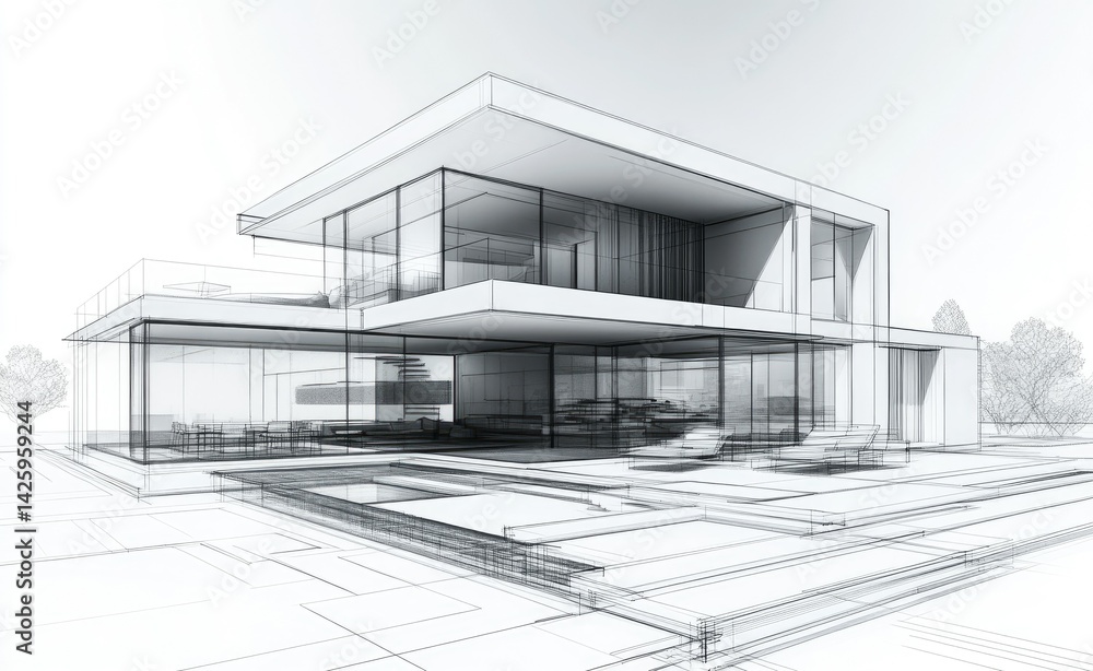 Modern Glass House Architectural Sketch: Clean Lines and Minimalist Design Modern Glass House Architectural Sketch: Clean Lines and Minimalist Design
