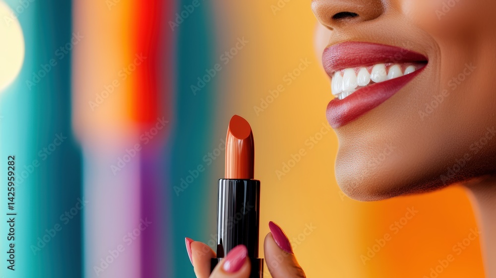 Obraz premium Close-up of a smiling woman holding a nude lipstick with painted nails, colorful blurred background, beauty makeup, cosmetic product, vibrant scene, attractive person
