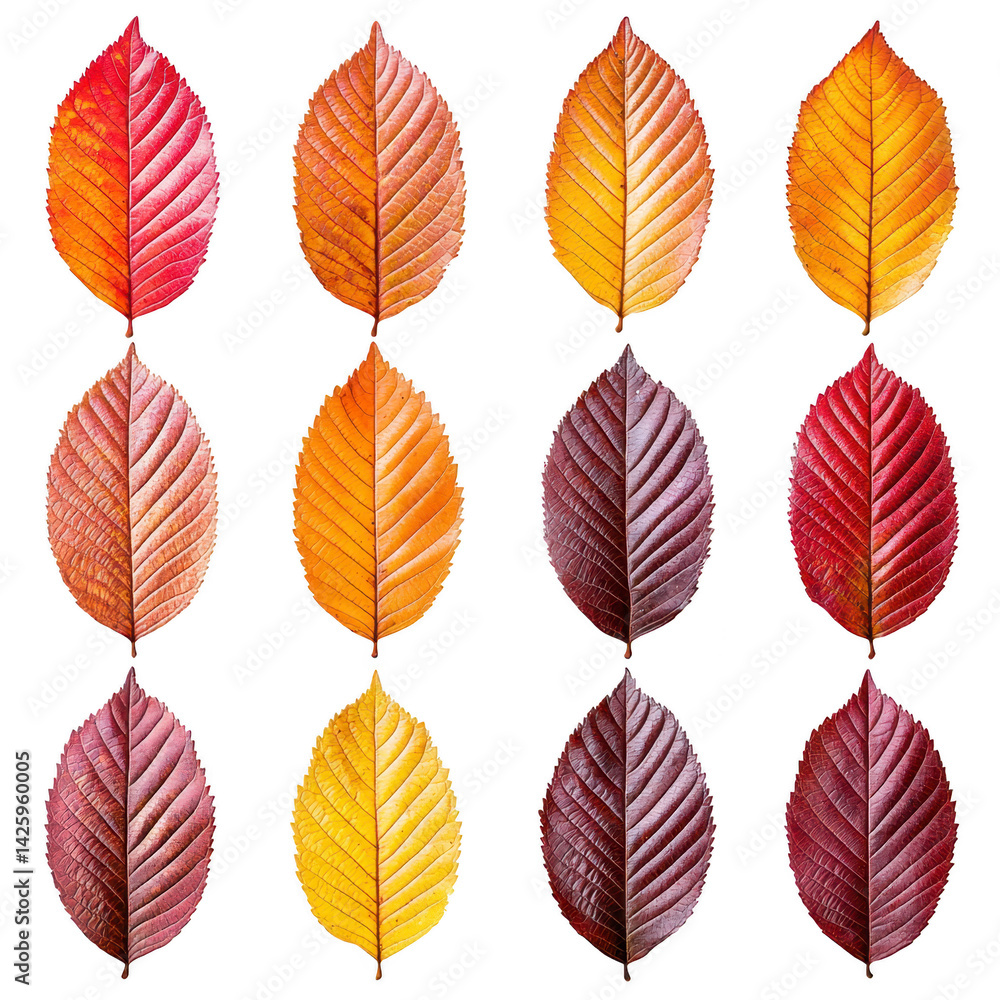 Obraz premium vibrant display of autumn leaves showcases gradient of colors from red to yellow, arranged neat vertical rows. leaves intricate veins and textures are highlighted, creating striking visual pattern