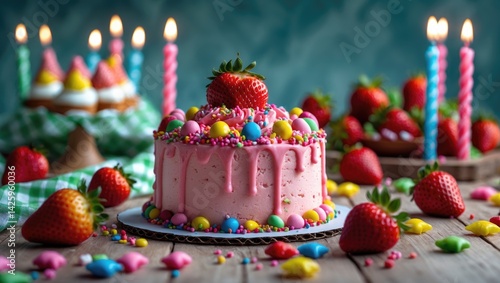 Wallpaper Mural Tasty fresh strawberry desserts arranged on a rustic wooden table with candles and sweet treats Torontodigital.ca