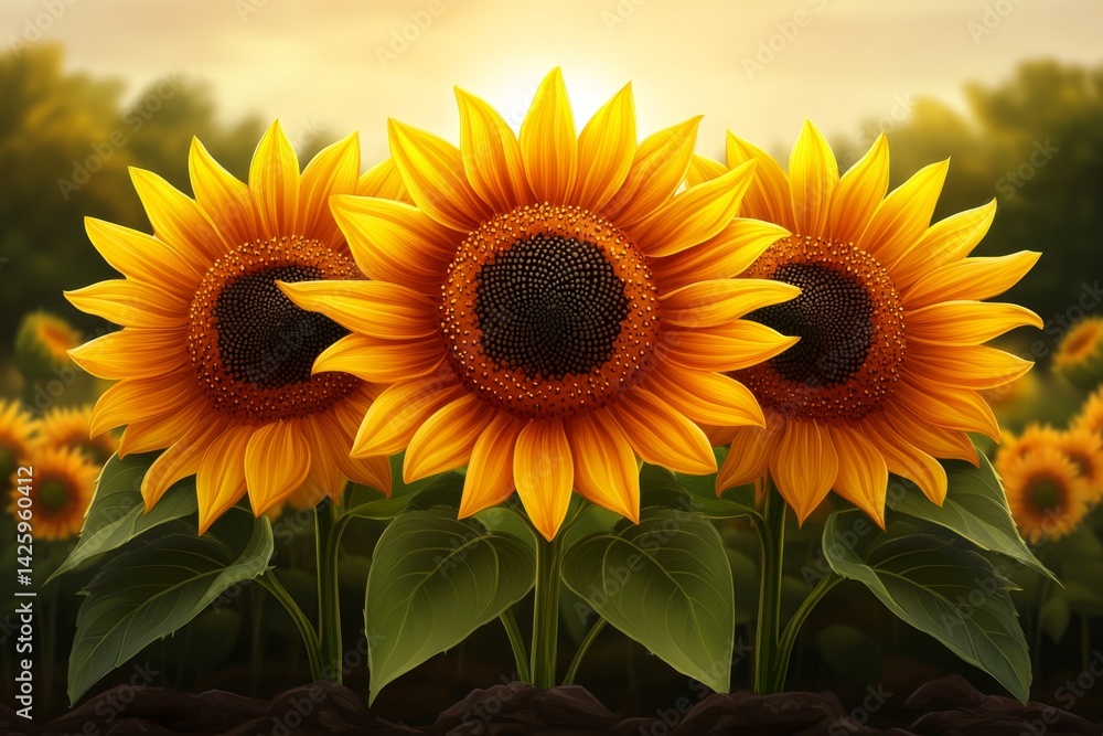 Obraz premium a 2D cartoon illustration of a field of sunflowers facing the sun, bright and cheerful, white background