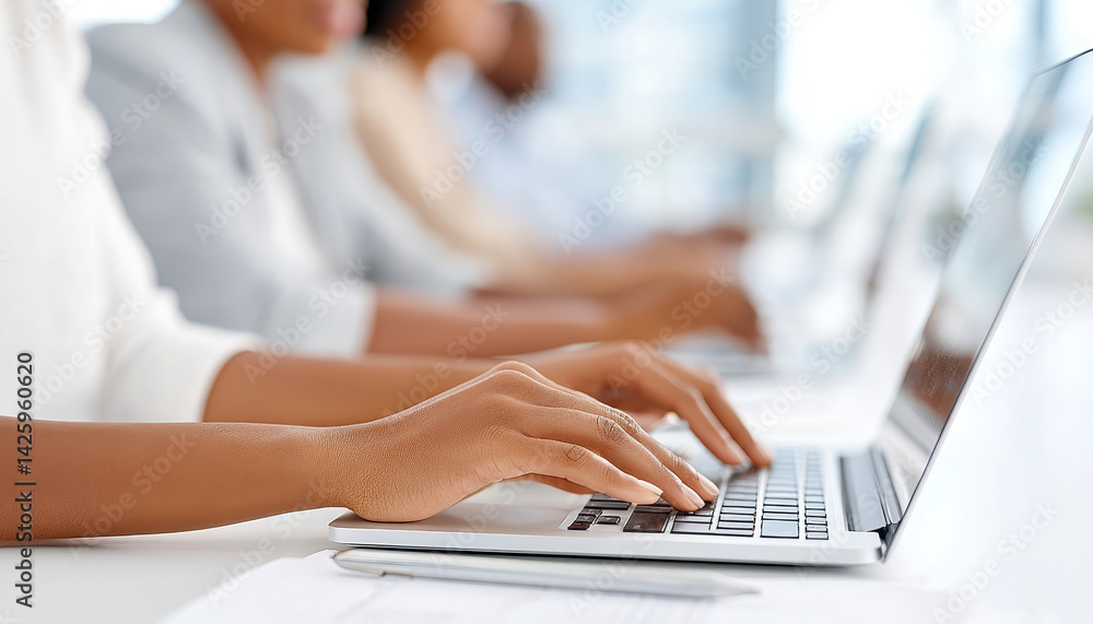Close up of professionals hands typing on laptops in modern office environment, showcasing collaboration and productivity Close up of professionals hands typing on laptops in modern office environment, showcasing collaboration and productivity