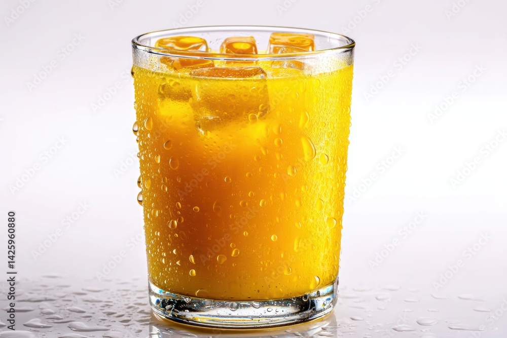 Realistic glass of orange juice with ice cubes in morning sunlight on a white background Realistic glass of orange juice with ice cubes in morning sunlight on a white background