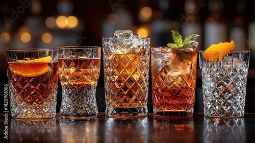 Assortment of elegant cocktails displayed in crystal glasses on a dark bar counter, with festive garnishes and a warm bokeh background