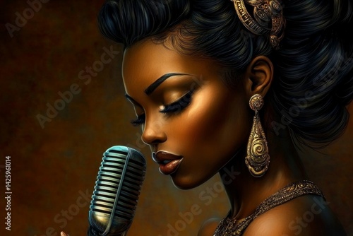 a 2D cartoon illustration of a jazz vocalist holding a vintage microphone, soulful and elegant, white background