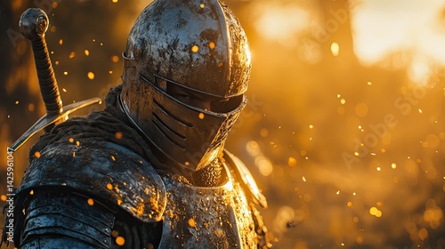 A fierce medieval knight in gleaming armor stares intensely against a golden sunset backdrop, capturing valor and bravery in battle.