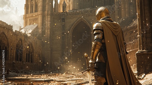 A lone knight in gleaming armor stands before a grand, ancient cathedral, evoking a sense of solitude and valor amid a ruined landscape.